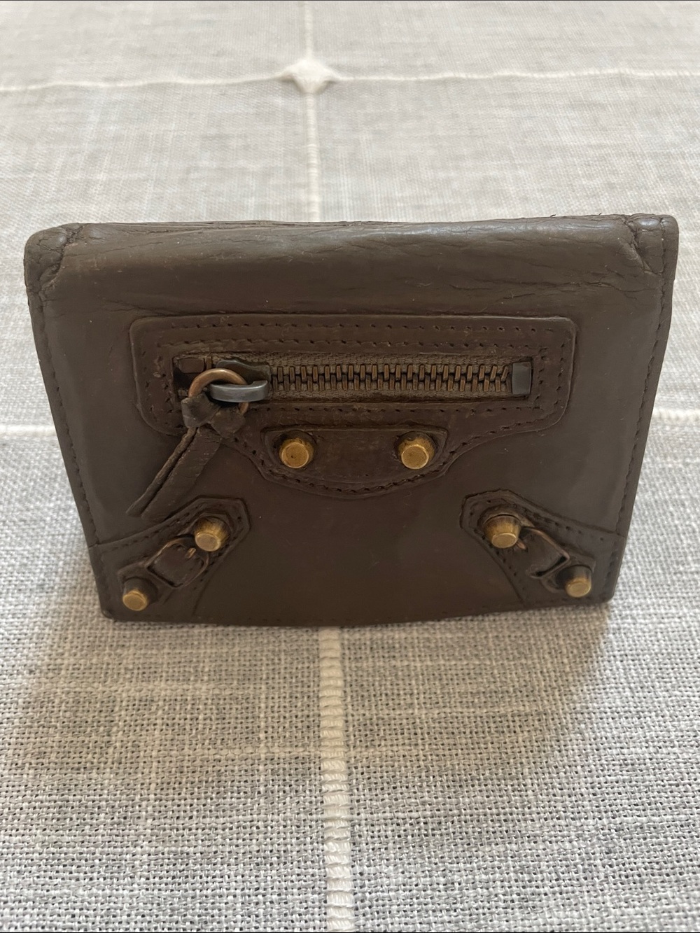 Balenciaga Moss Green Leather Card Holder with Brass Studs